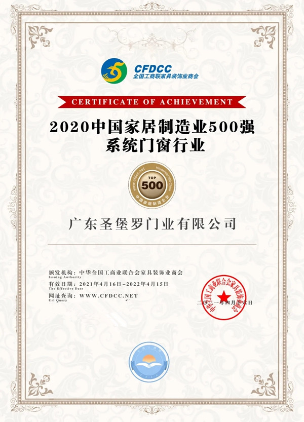 圣堡羅整體門窗榮獲2020中國家居制造業(yè)500強(qiáng)企業(yè)-系統(tǒng)門窗行業(yè)TOP30！