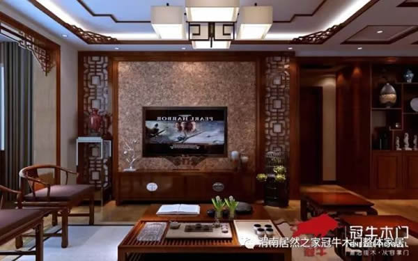 冠牛木門 | 新中式電視背景墻，古典雅致