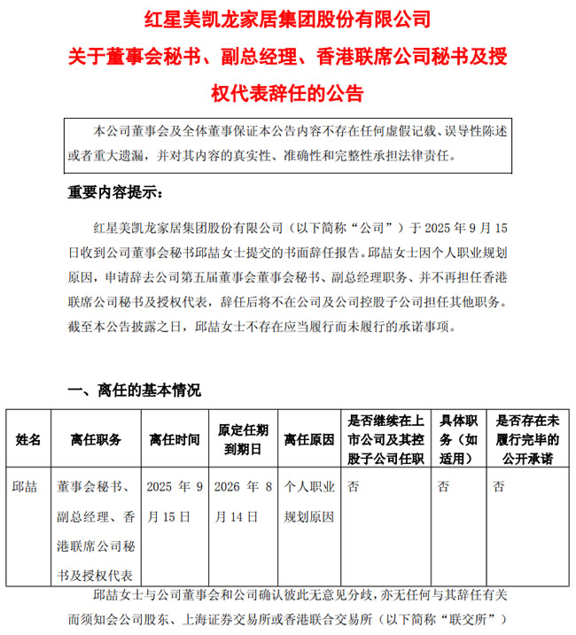 紅星美凱龍董秘、副總裁離職，年薪514.5萬(wàn)！